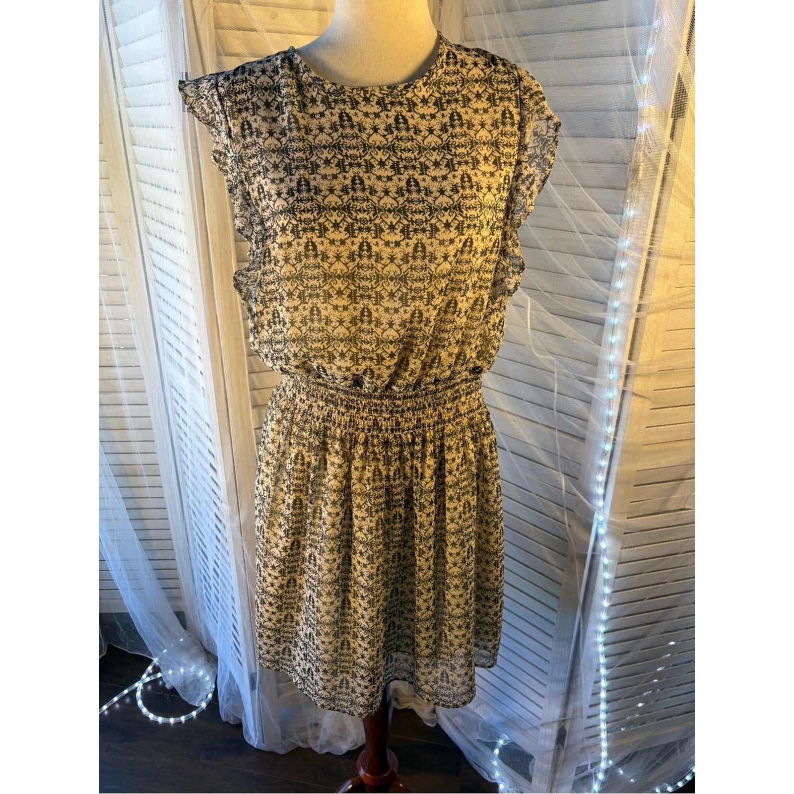 Black and White Printed Midi Dress with Shirred Waist