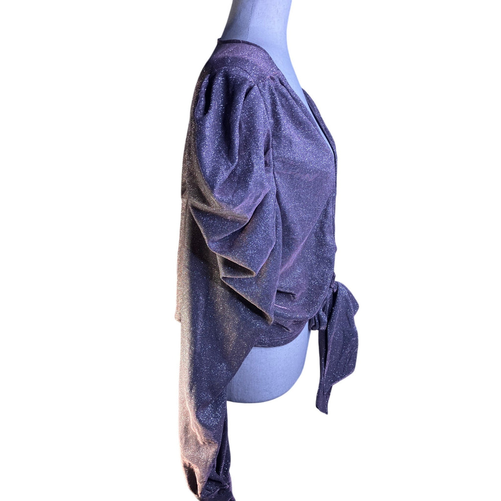 Metallic Mauve Pink Sparkle Ruffle Sleeve Tie Front Crop Top 3XL