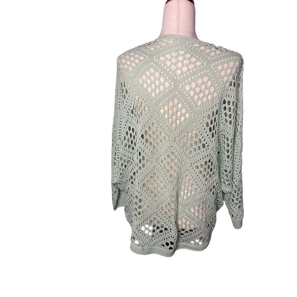 Women’s Medium Mint Green Open Knit Crochet V-Neck Sweater Boho Oversized