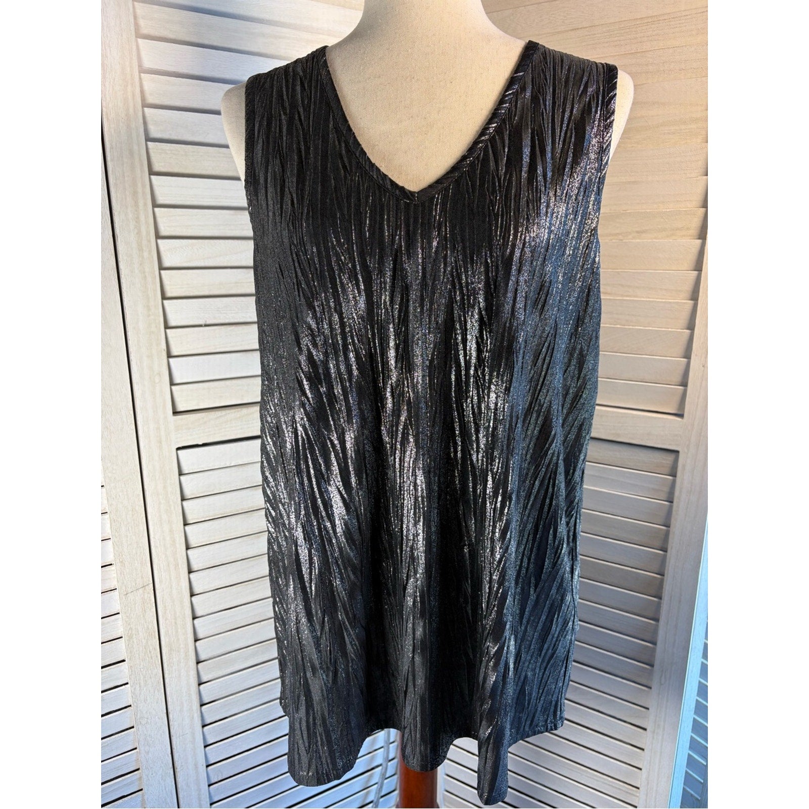 Susan Graver Shimmery Black Pleated V-Neck Tunic
