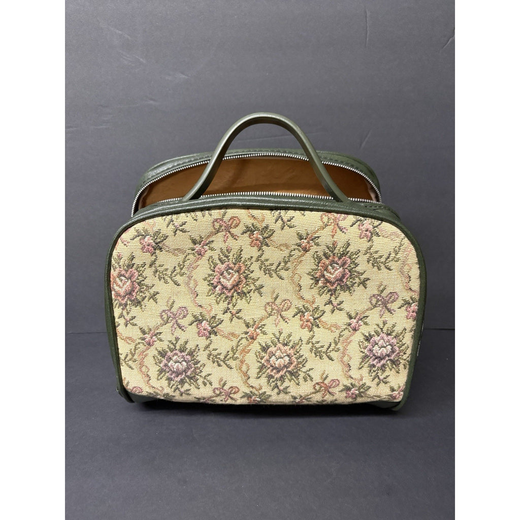 Vintage Floral Tapestry Train Case Cosmetic Bag Green Vanity.