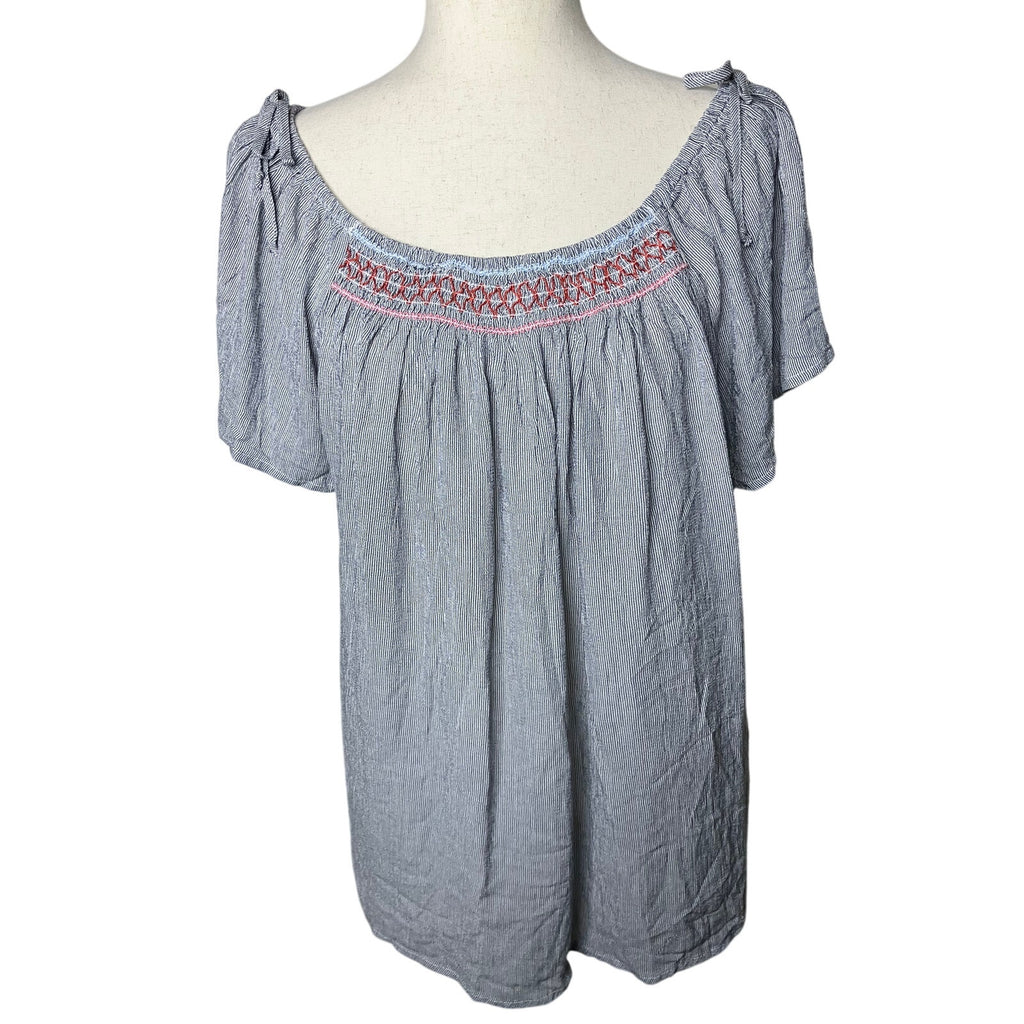 NWT Maurices Women’s XL Blue White Striped Embroidered Peasant Blouse