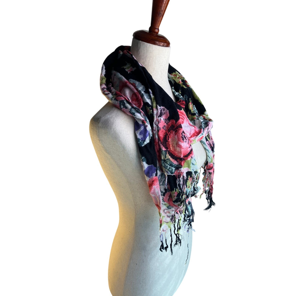 Black Floral Rose Print Fringe Scarf Boho Romantic Wrap