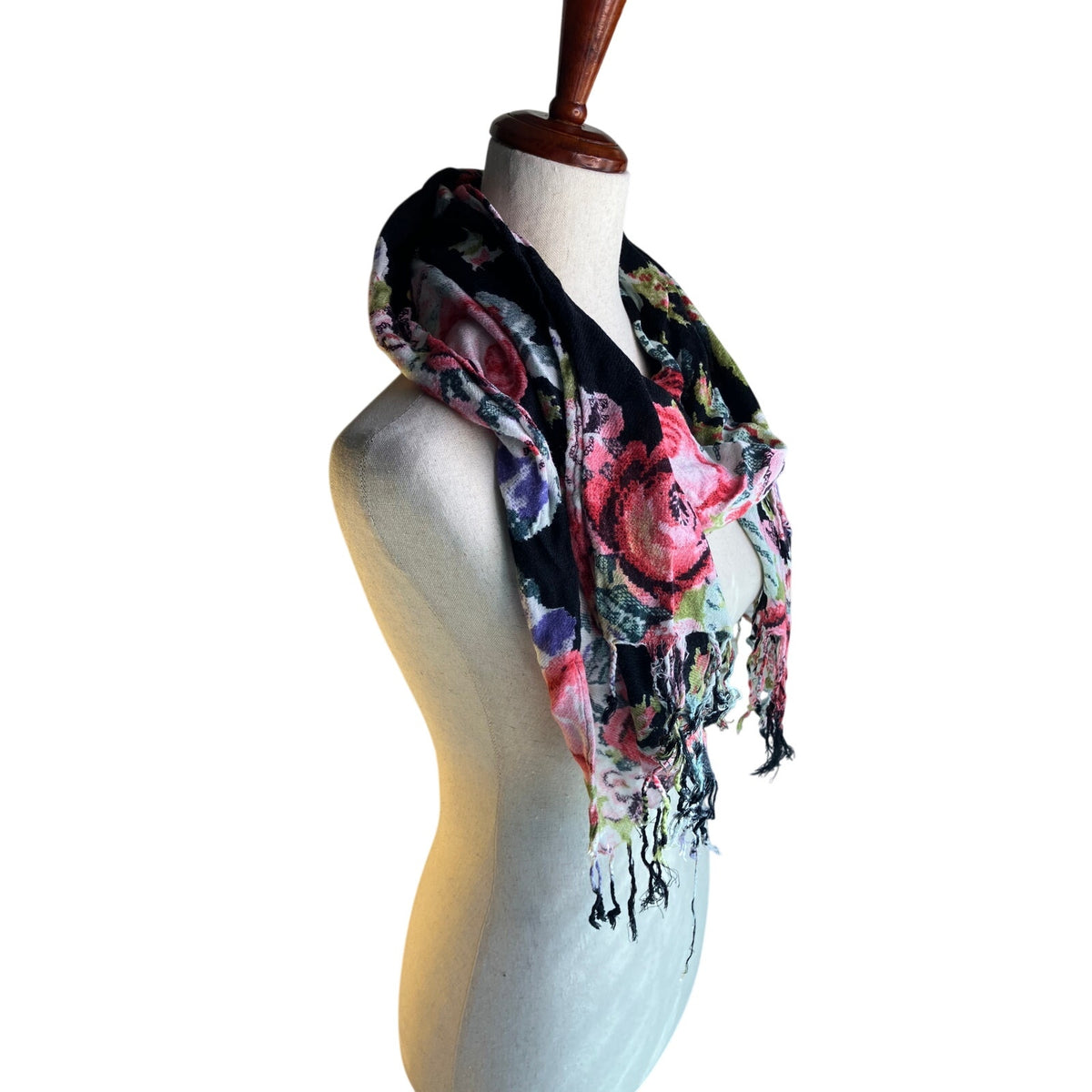 Black Floral Rose Print Fringe Scarf Boho Romantic Wrap