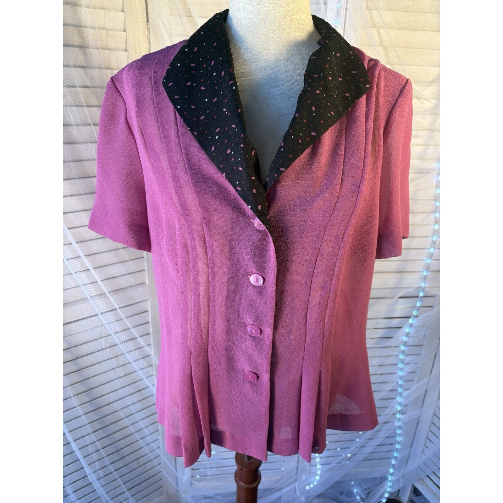 Danny & Nicole Pink Polka Dot Button-Up Collared Lightweight Blouse 16
