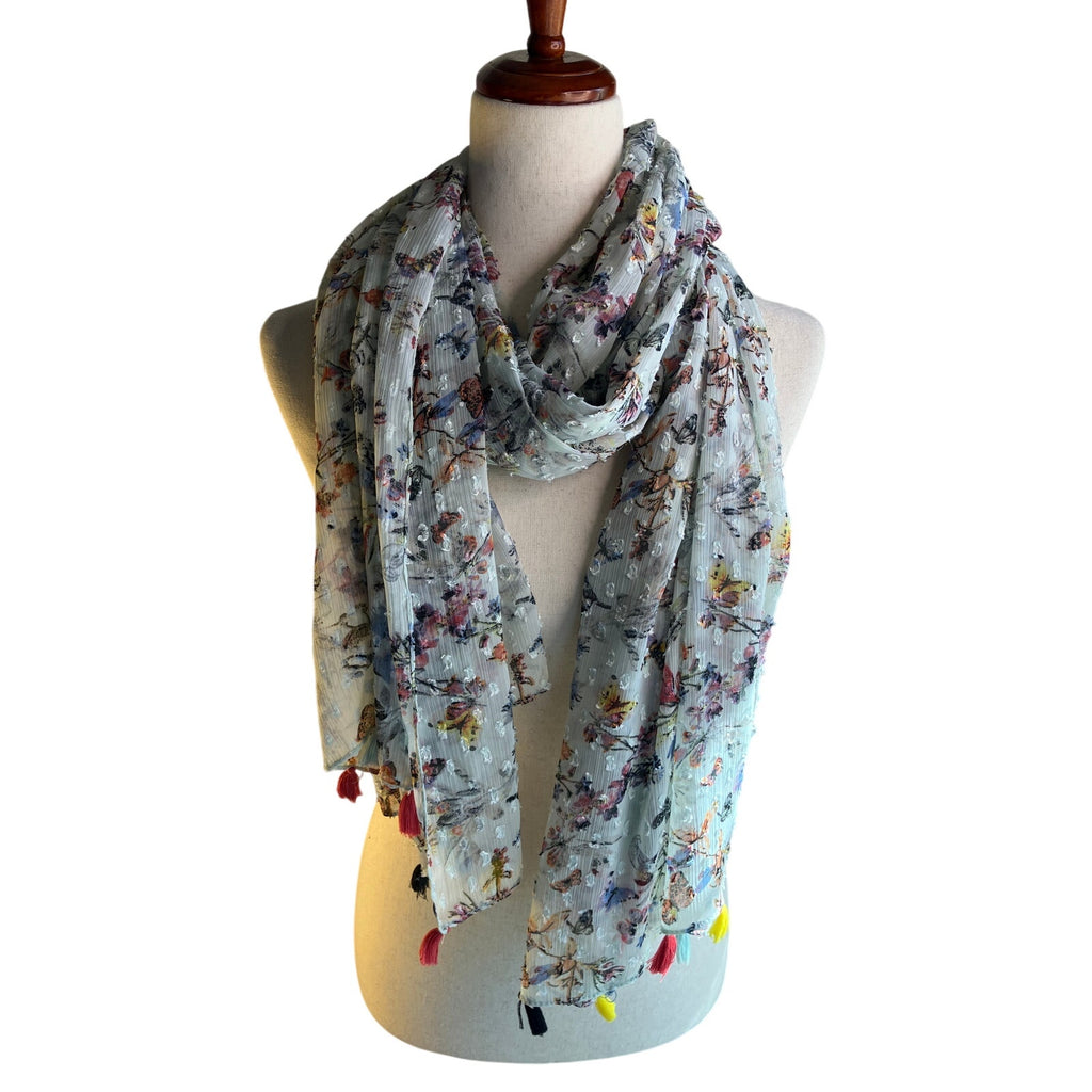 Sheer Sage Floral Butterfly Print Scarf Colorful Tassels Boho Lightweight Wrap