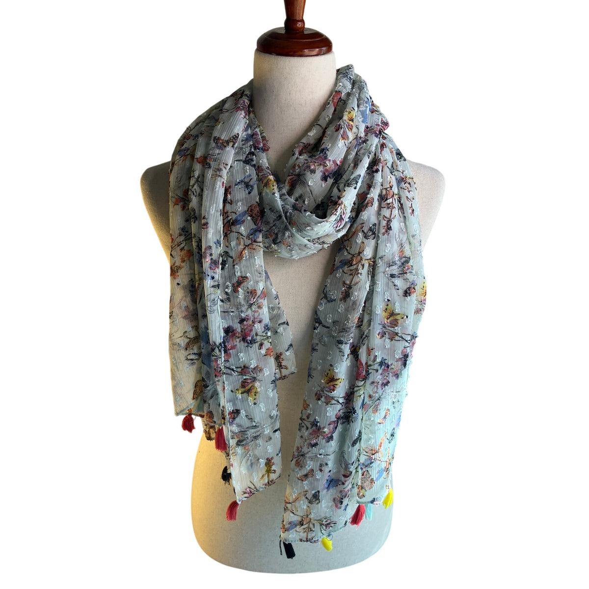 Sheer Sage Floral Butterfly Print Scarf Colorful Tassels Boho Lightweight Wrap