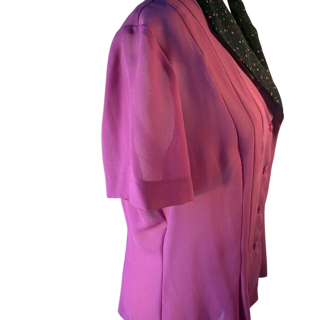 Vintage Danny & Nicole Pink sheer button up blouse black collar pink polka dots