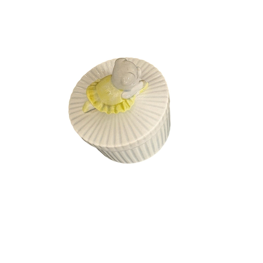 Fitz and Floyd Round Ceramic Trinket Box, White/Yellow, Removable Lid