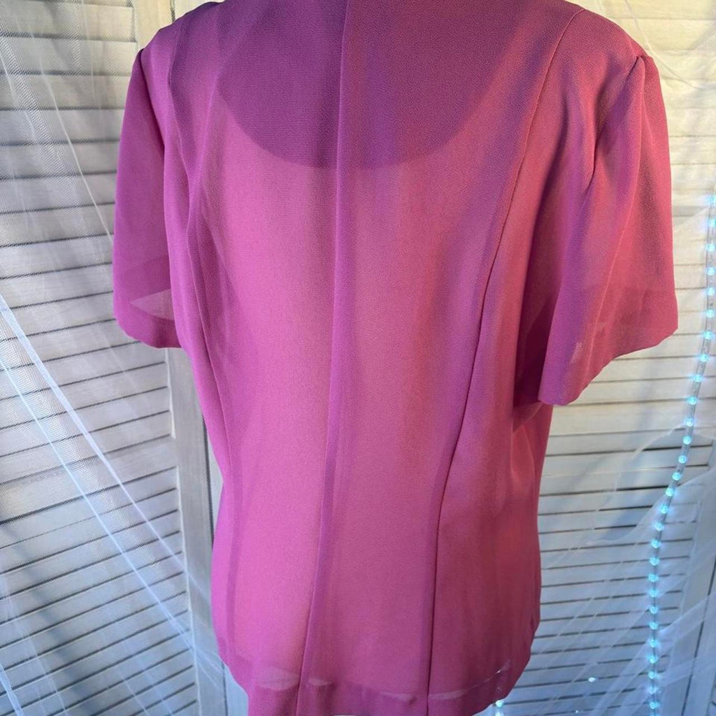 Vintage Danny & Nicole Pink sheer button up blouse black collar pink polka dots