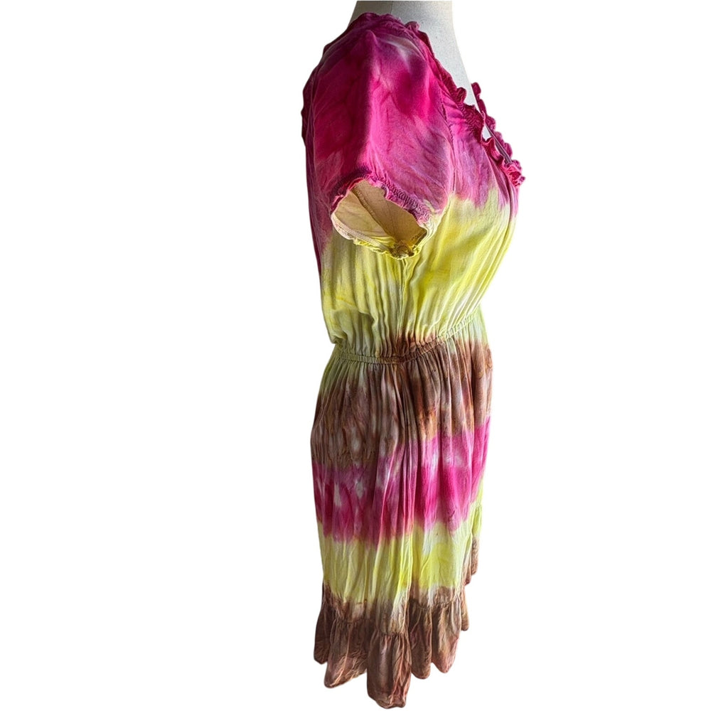 Women's Pink & Yellow Tie-Dye Smocked Waist Mini Dress