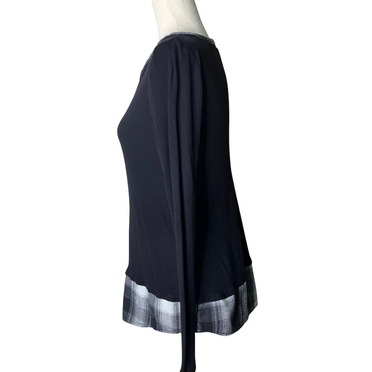 Venus Black Ribbed Henley Tunic Top with Plaid Trim Long Sleeves