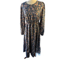 Women’s M Blue Pink Floral Woven Midi Dress Long Sleeve Round Neck