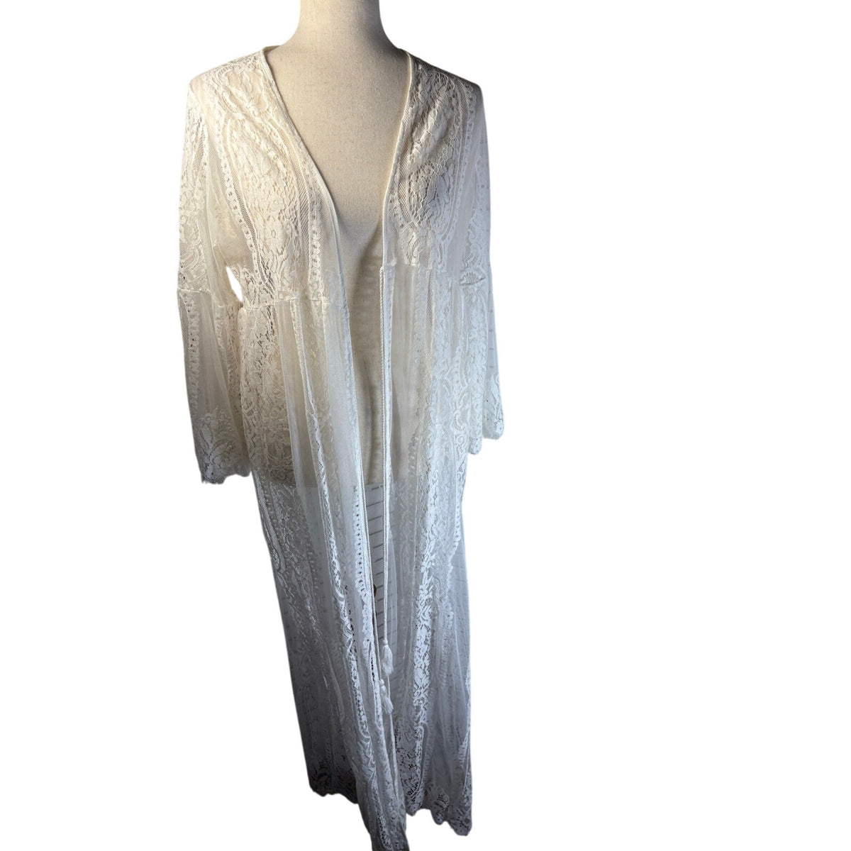 White Floral Lace Maxi Duster Kimono Cardigan Size Small Boho Festival