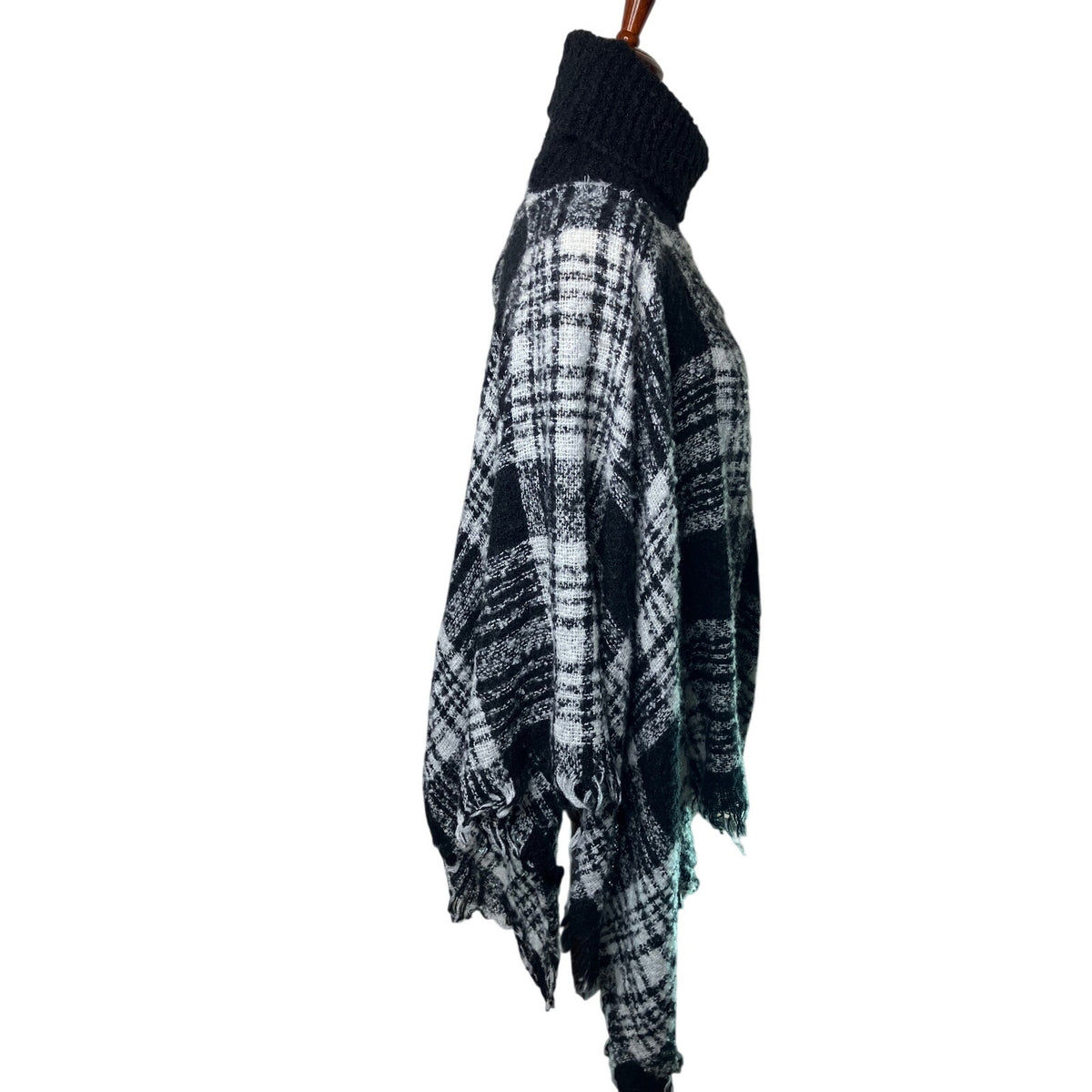 Black White Plaid Turtleneck Poncho Oversized Draped Sweater