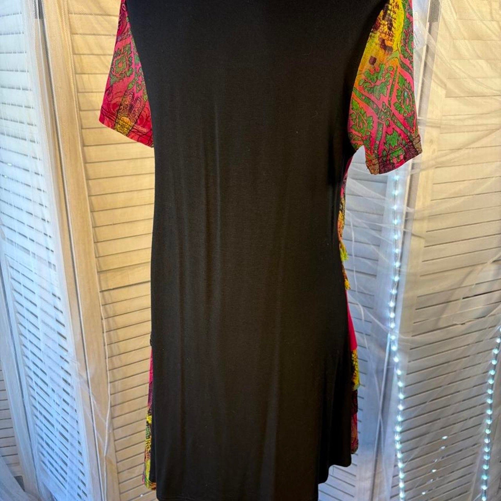 Calesssa black & pink dress with multicolored geometric and tribal print, size M