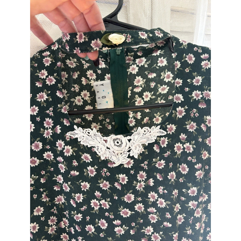 Vintage The Limited Green Floral Woven Mini Bodycon Dress Lace Trim Short Sleeve