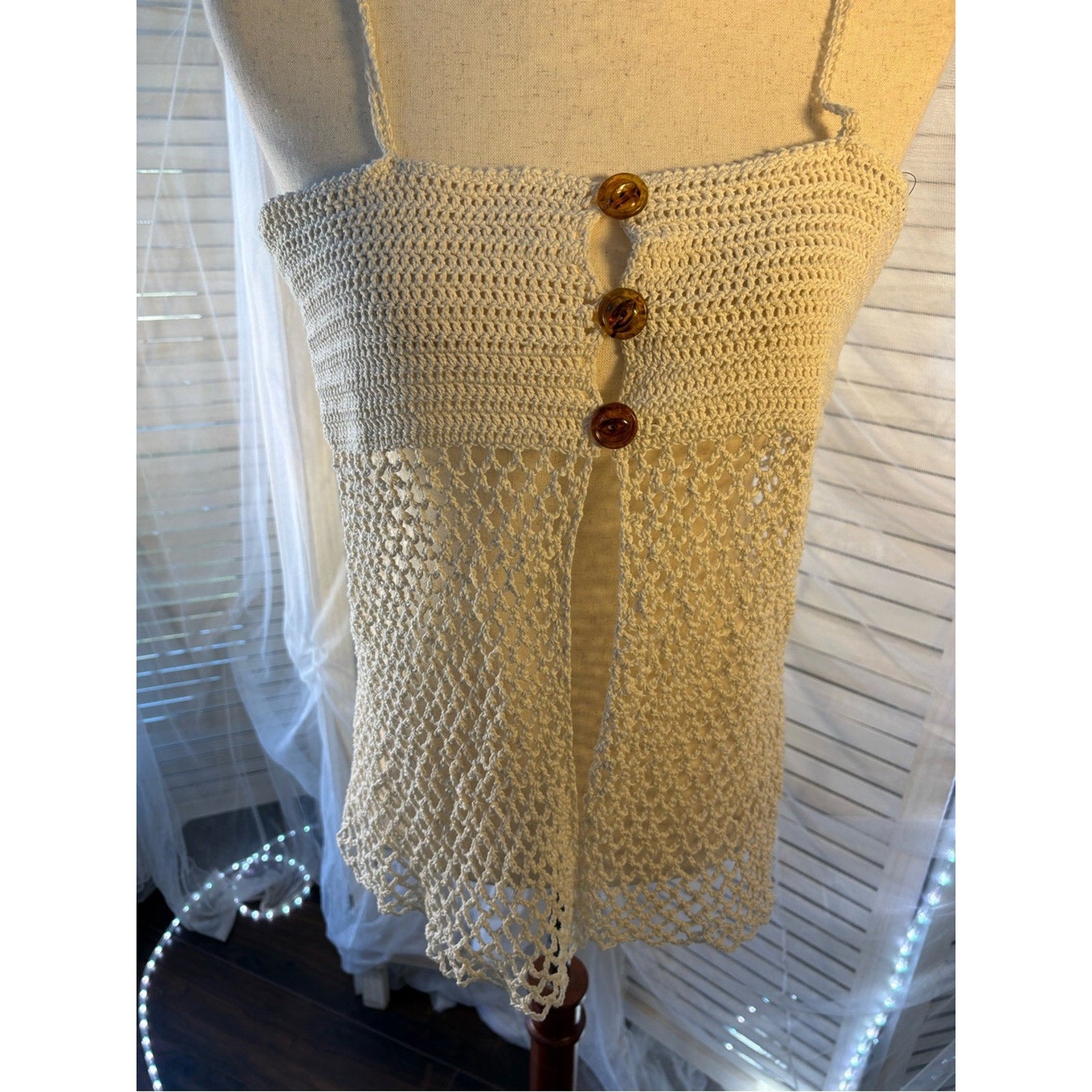 Cream Crochet Button-Front Spaghetti-Strap Camisole- adjustable