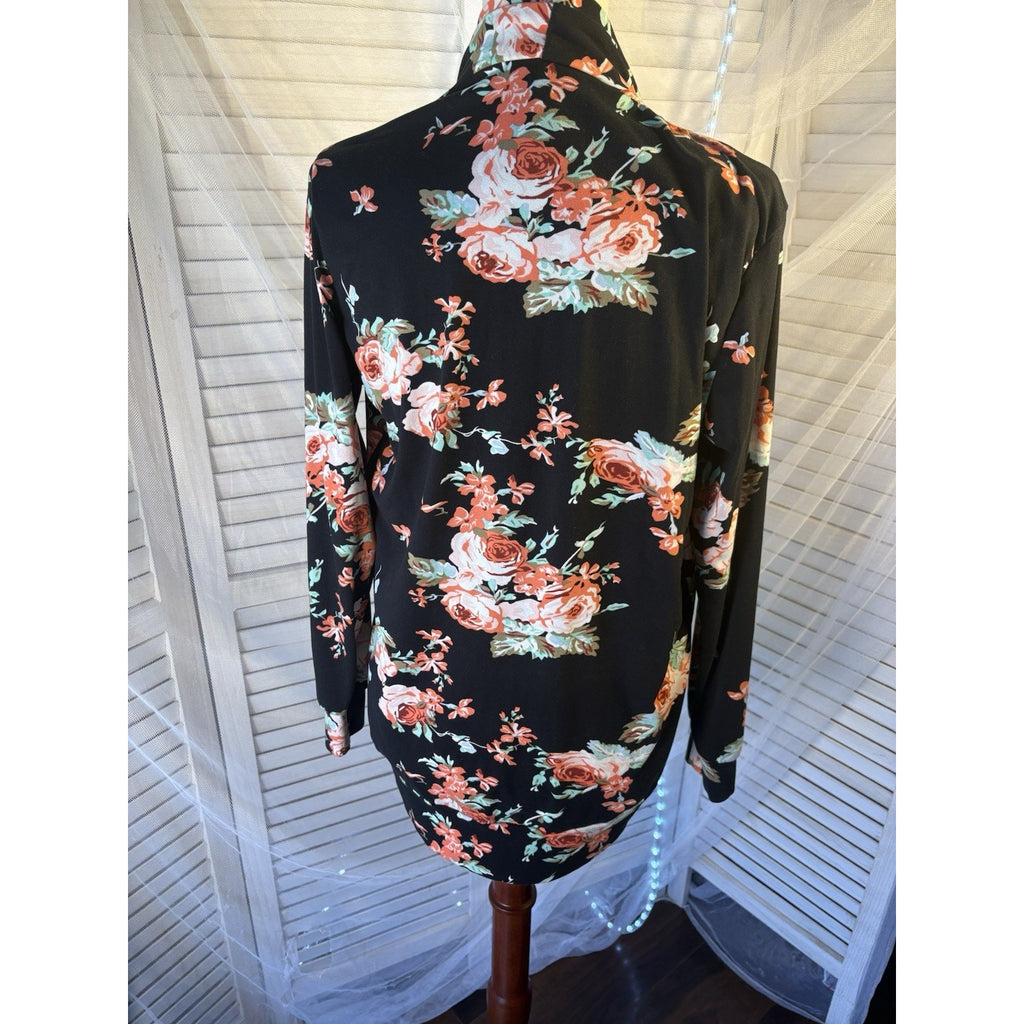 Women’s L Black/Multicolor Floral Open Front Kimono Jacket Long Sleeve