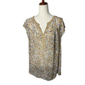 DR2 Women’s 1X Cream Mustard Blush Abstract Print Cap Sleeve Blouse