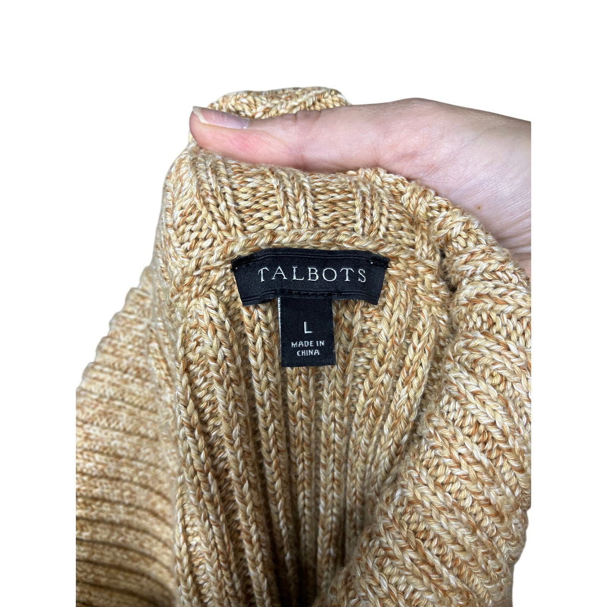Talbots Women’s Large Cable Knit Cowl Neck Sweater Beige Oatmeal Button Detail