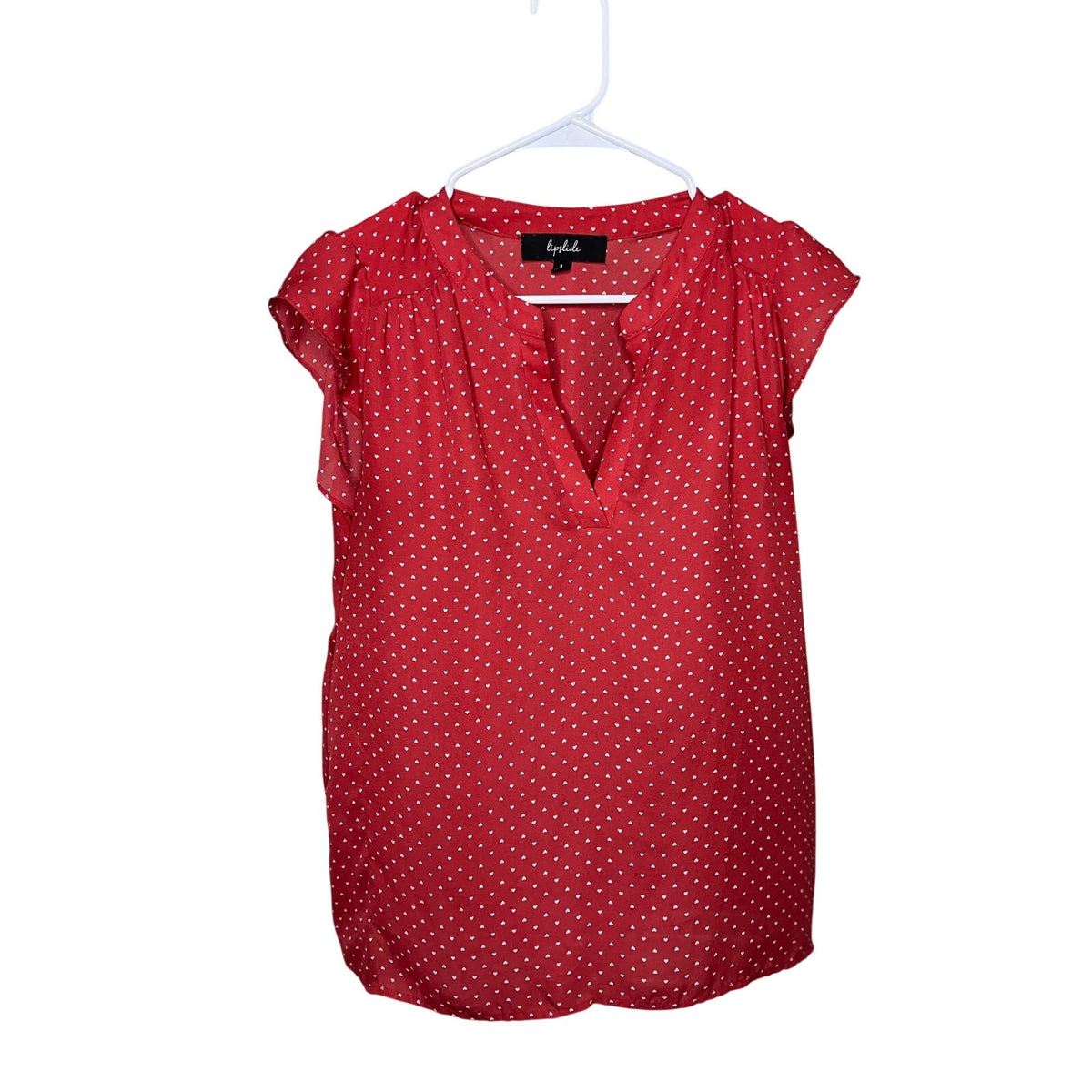 Lipslide Women’s Large Red Mini Heart Print Flutter Sleeve Blou