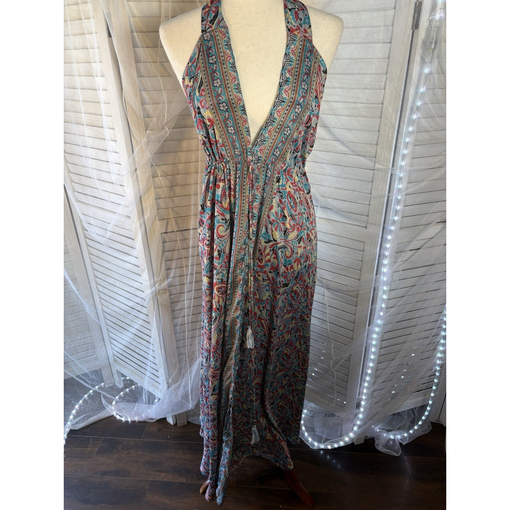 VTG Silk YNDU Multicolor Paisley Halter Backless dress One Size
