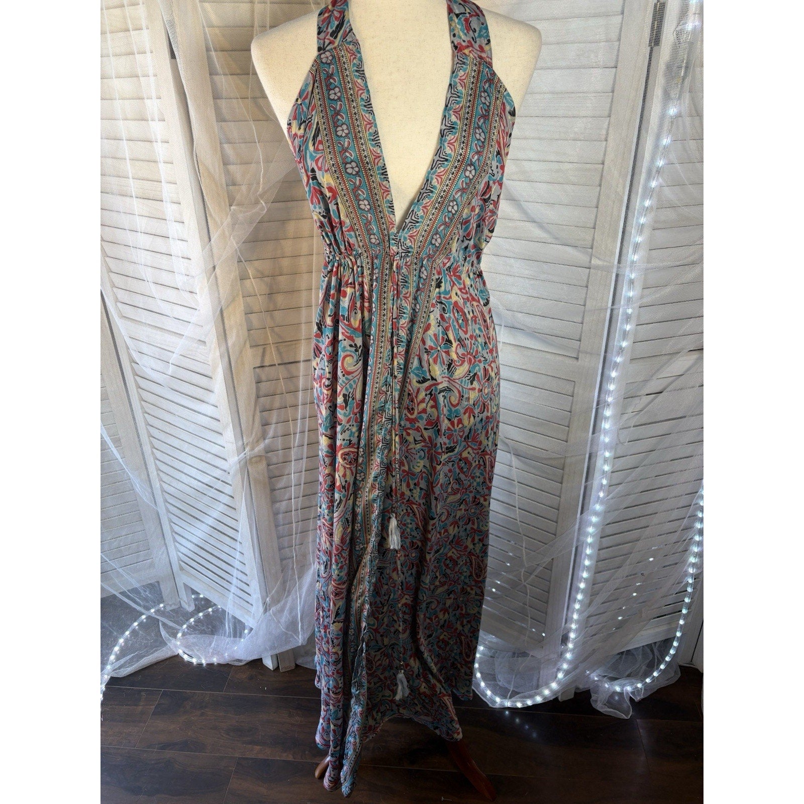 VTG Silk YNDU Multicolor Paisley Halter Backless dress One Size