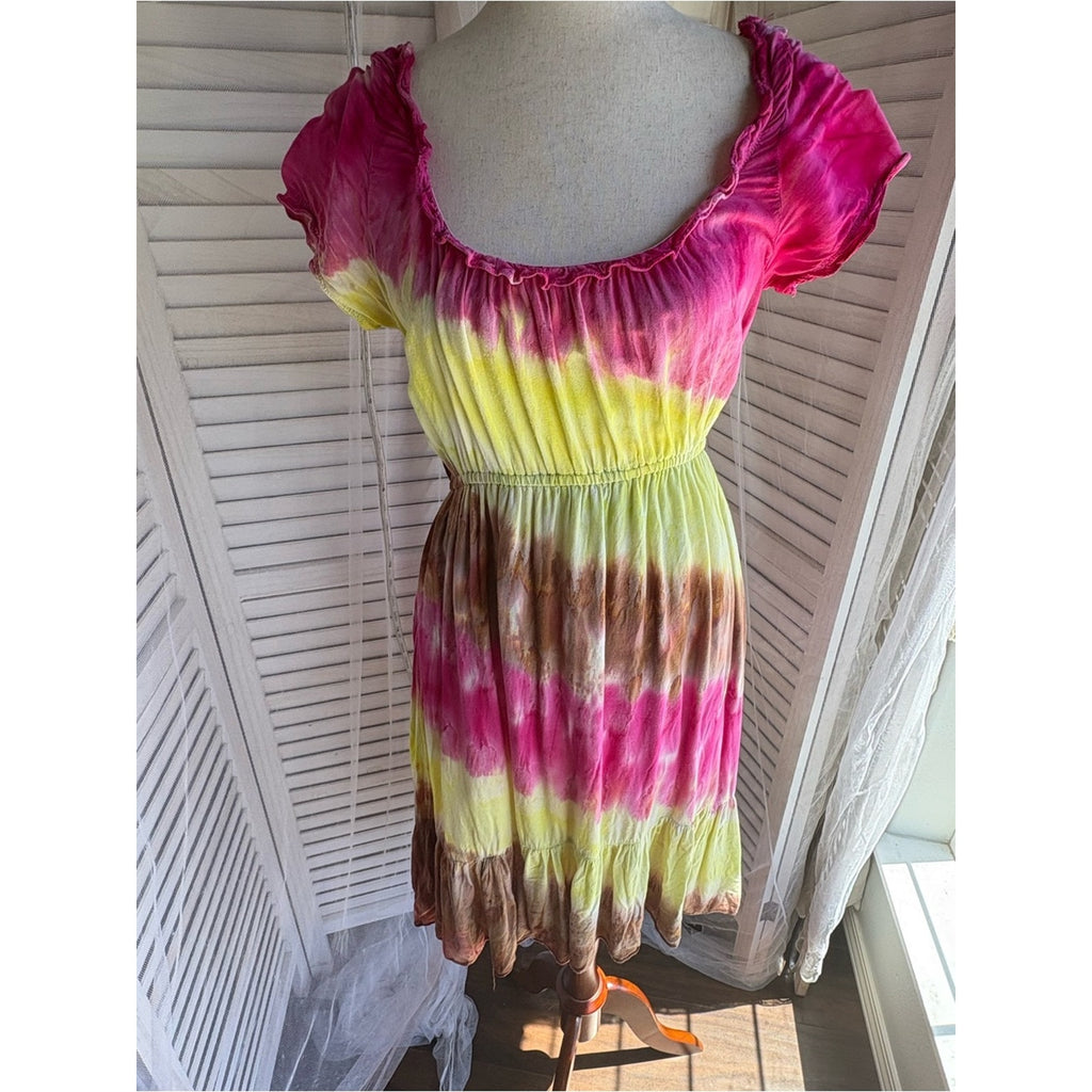 Women's Pink & Yellow Tie-Dye Smocked Waist Mini Dress