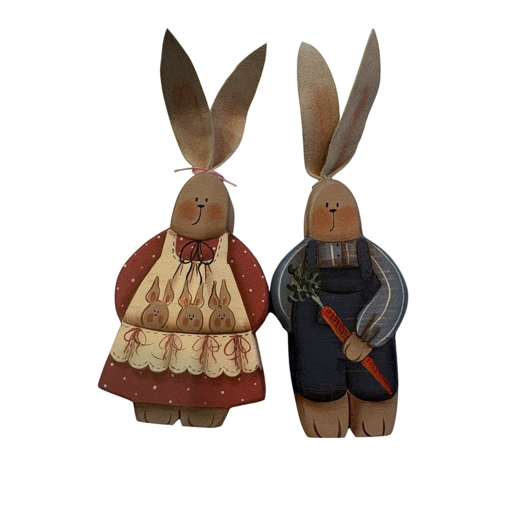 Denise H. Bunn 1988 Signed Hand Painted Wood Bunny/Rabbit Figurines Pair, 2 Pack