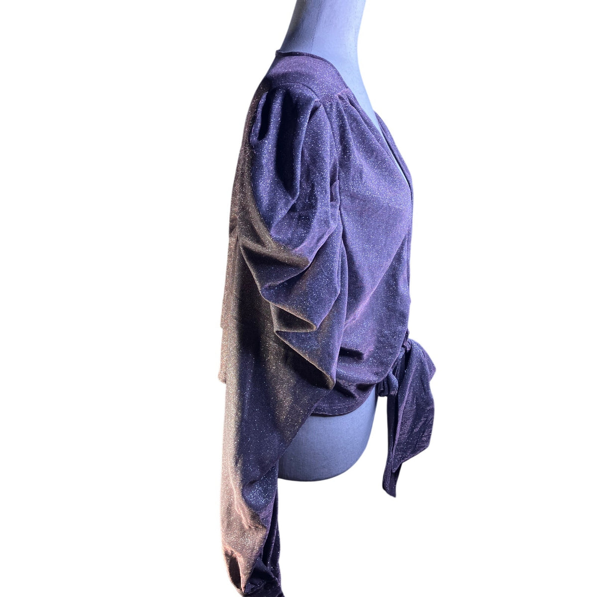 Metallic Mauve Pink Sparkle Ruffle Sleeve Tie Front Crop Top 3XL