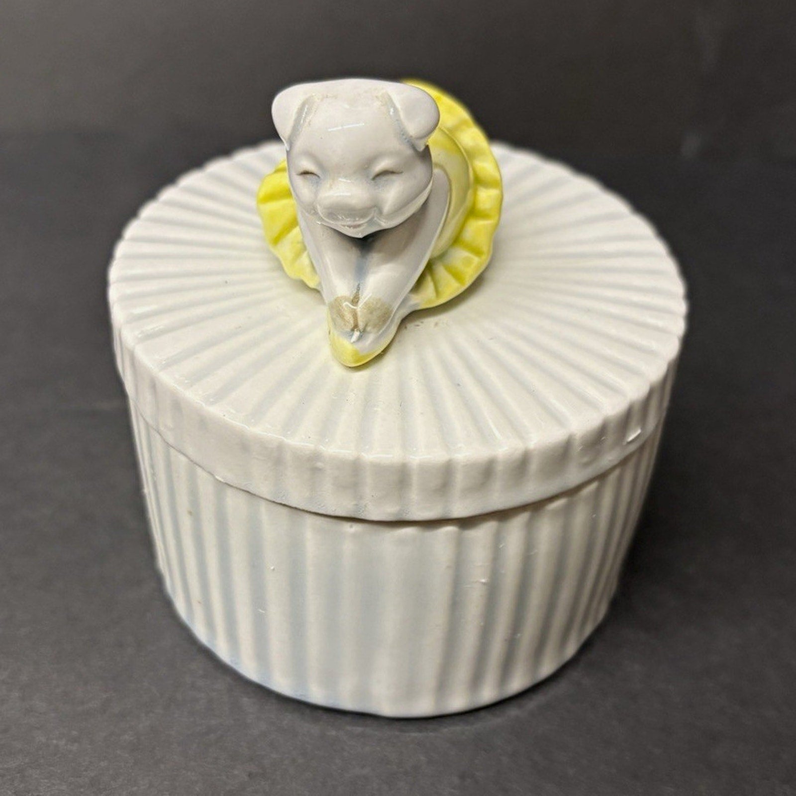 Fitz and Floyd Round Ceramic Trinket Box, White/Yellow, Removable Lid