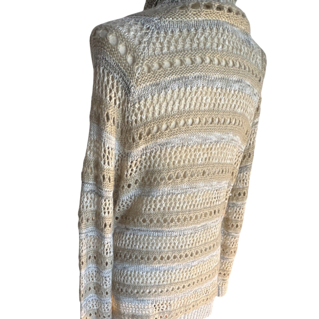 Nine West Vintage America Open Knit Shawl Collar Cardigan Sweater L Beige Gray