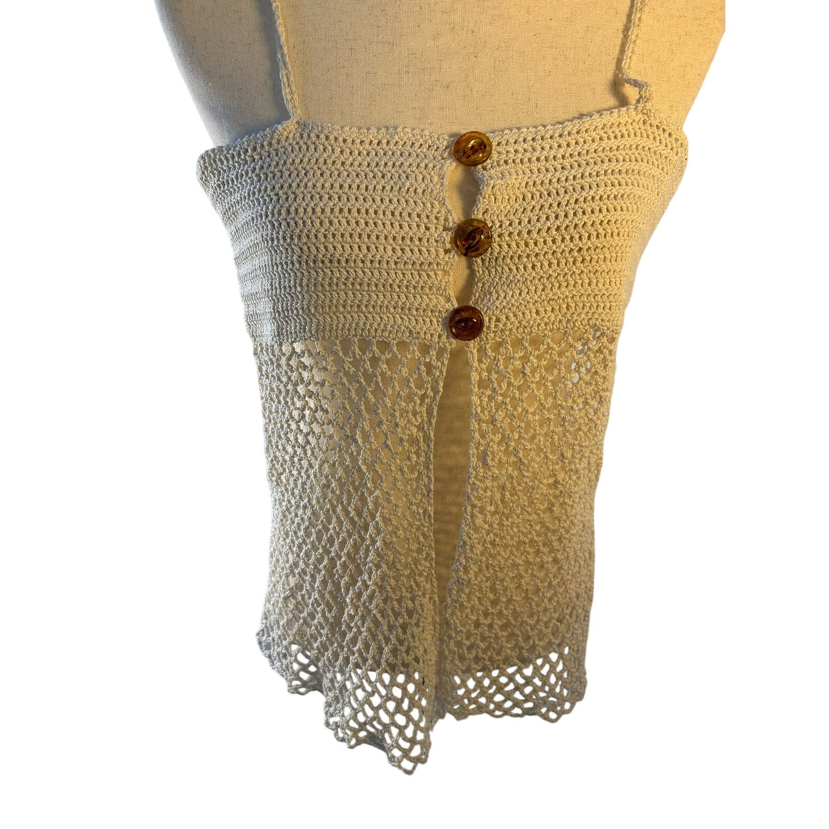 Cream Crochet Button-Front Spaghetti-Strap Camisole- adjustable