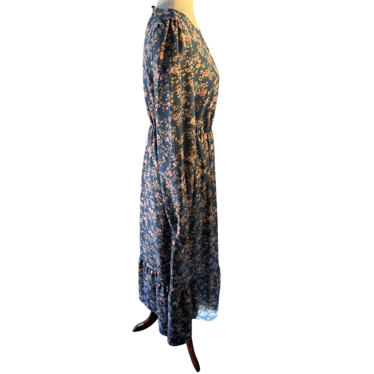Women’s M Blue Pink Floral Woven Midi Dress Long Sleeve Round Neck