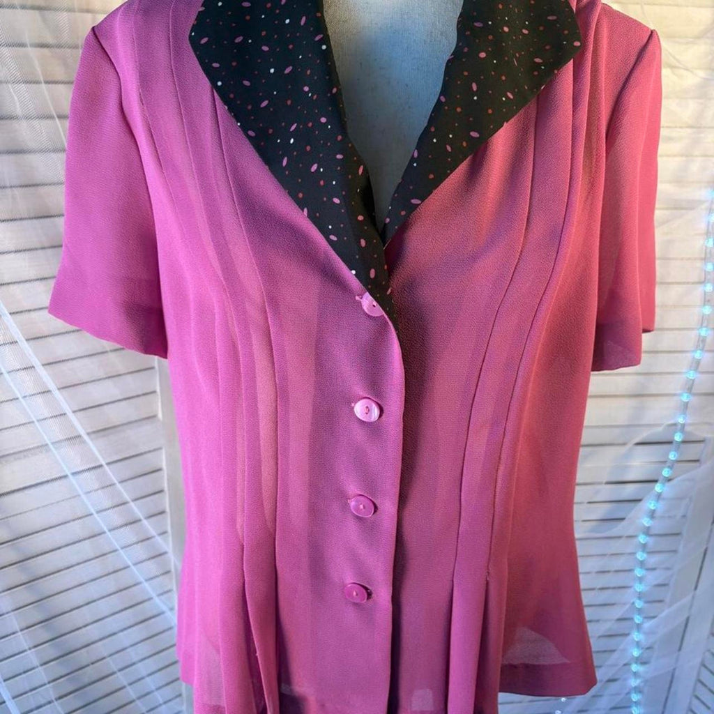 Vintage Danny & Nicole Pink sheer button up blouse black collar pink polka dots