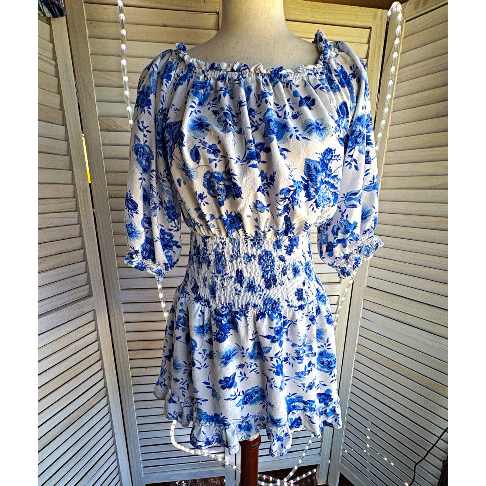 Blue & White Floral Off Shoulder Smocked Waist Puff Sleeve