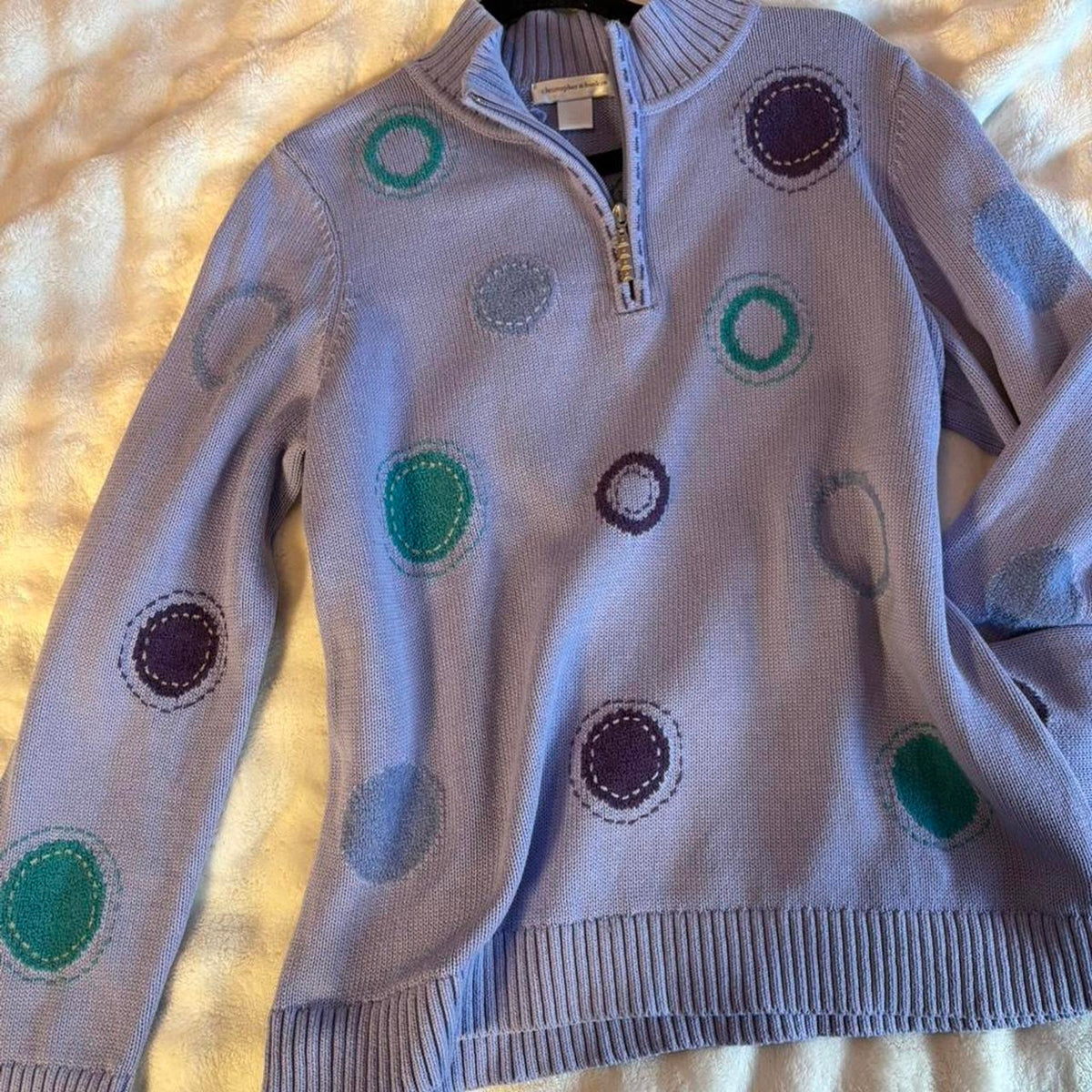 Christopher & Banks Purple and green polka dot sweater with zipper detail