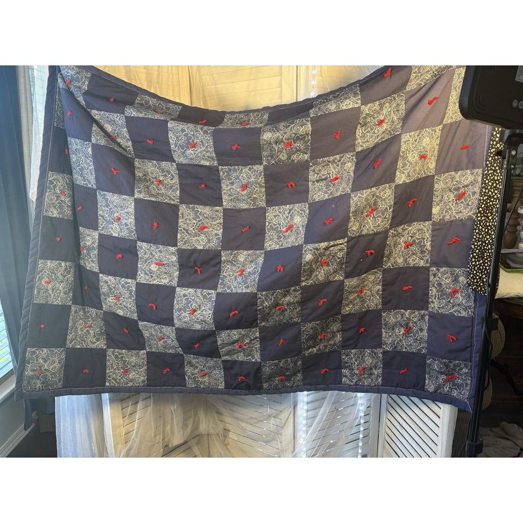 Vintage Patchwork crib Quilt Quilted Country Style Blue Gray Red 100% Cotton Ble
