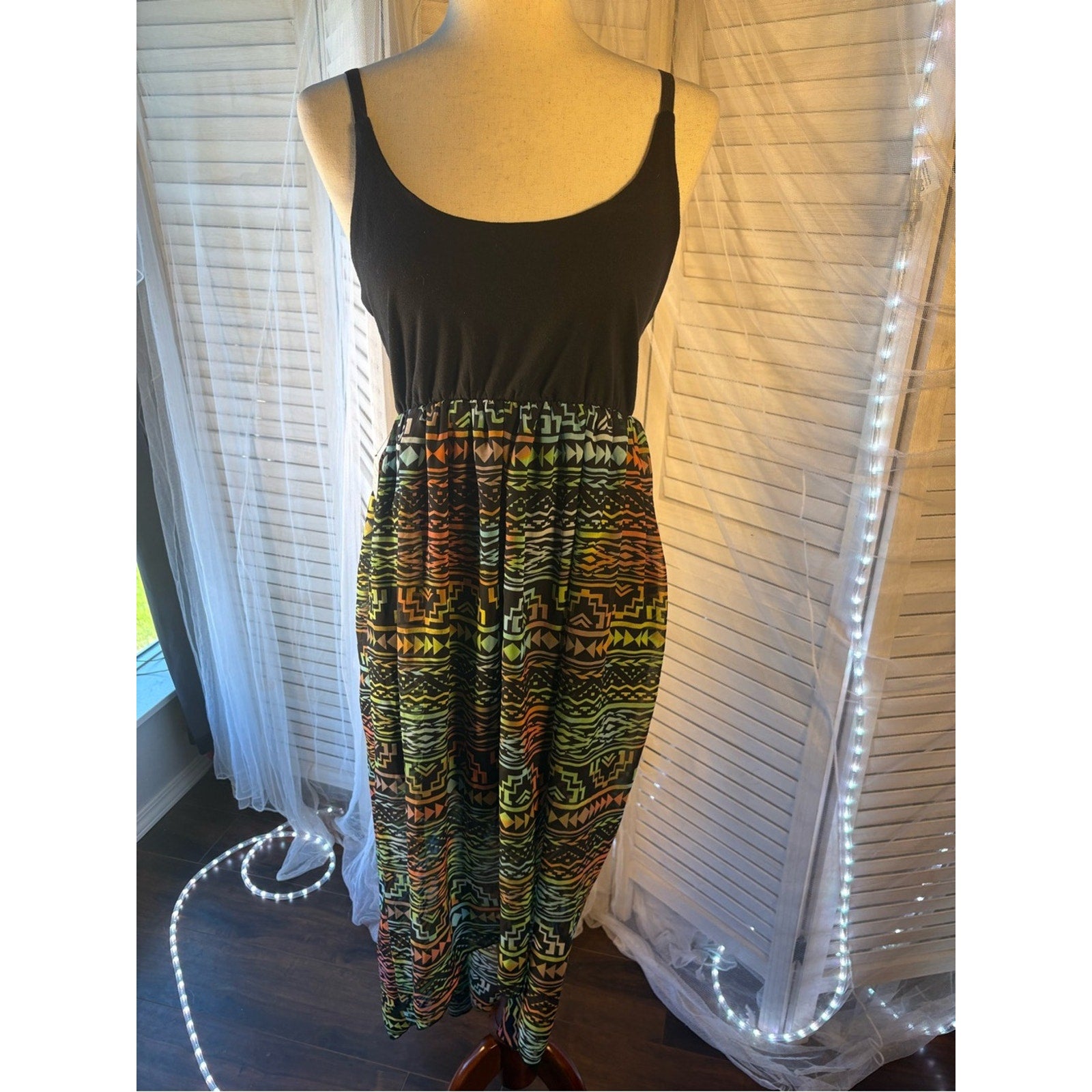 See You Monday Black Tank Maxi Skirt with Neon Tribal Print