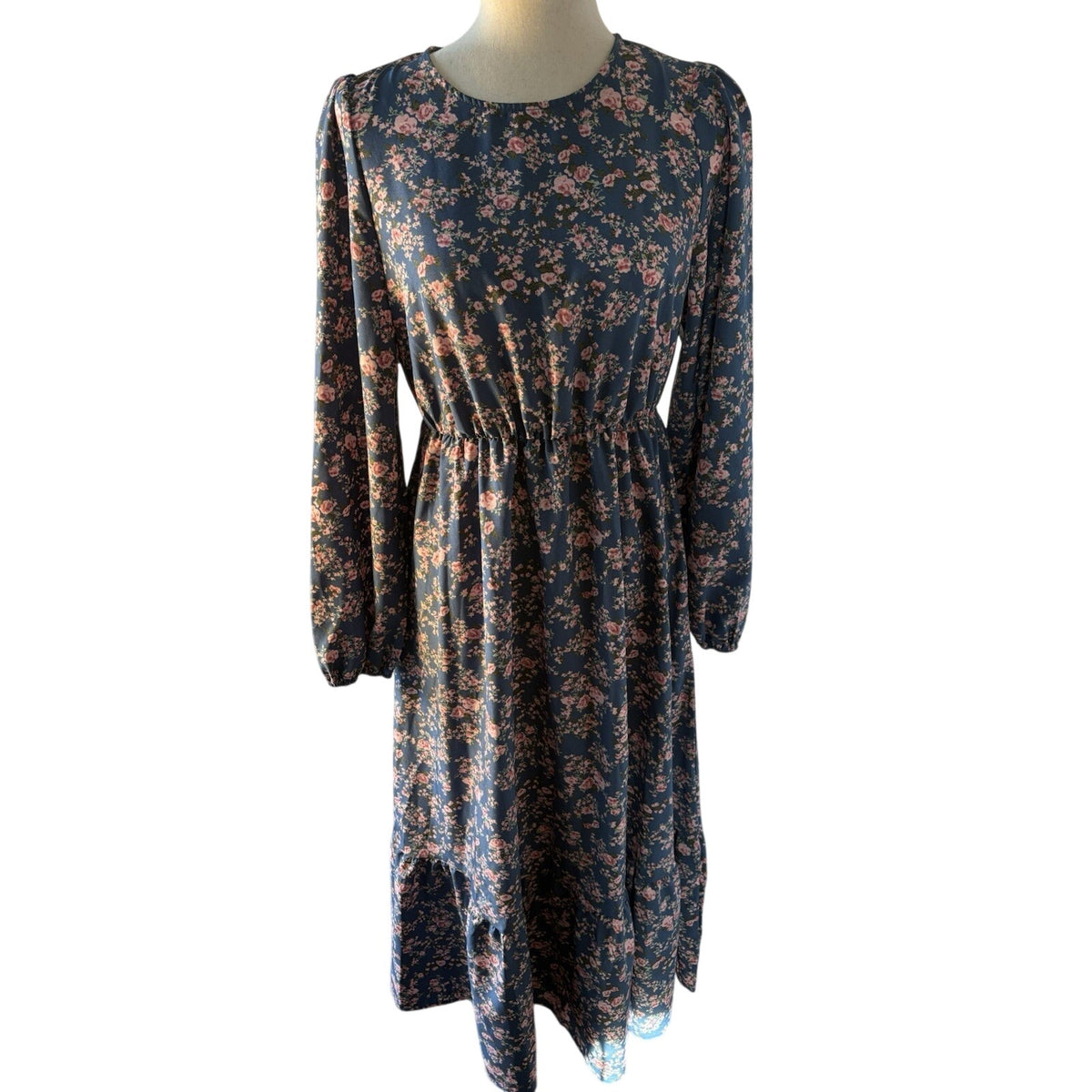 Women’s M Blue Pink Floral Woven Midi Dress Long Sleeve Round Neck