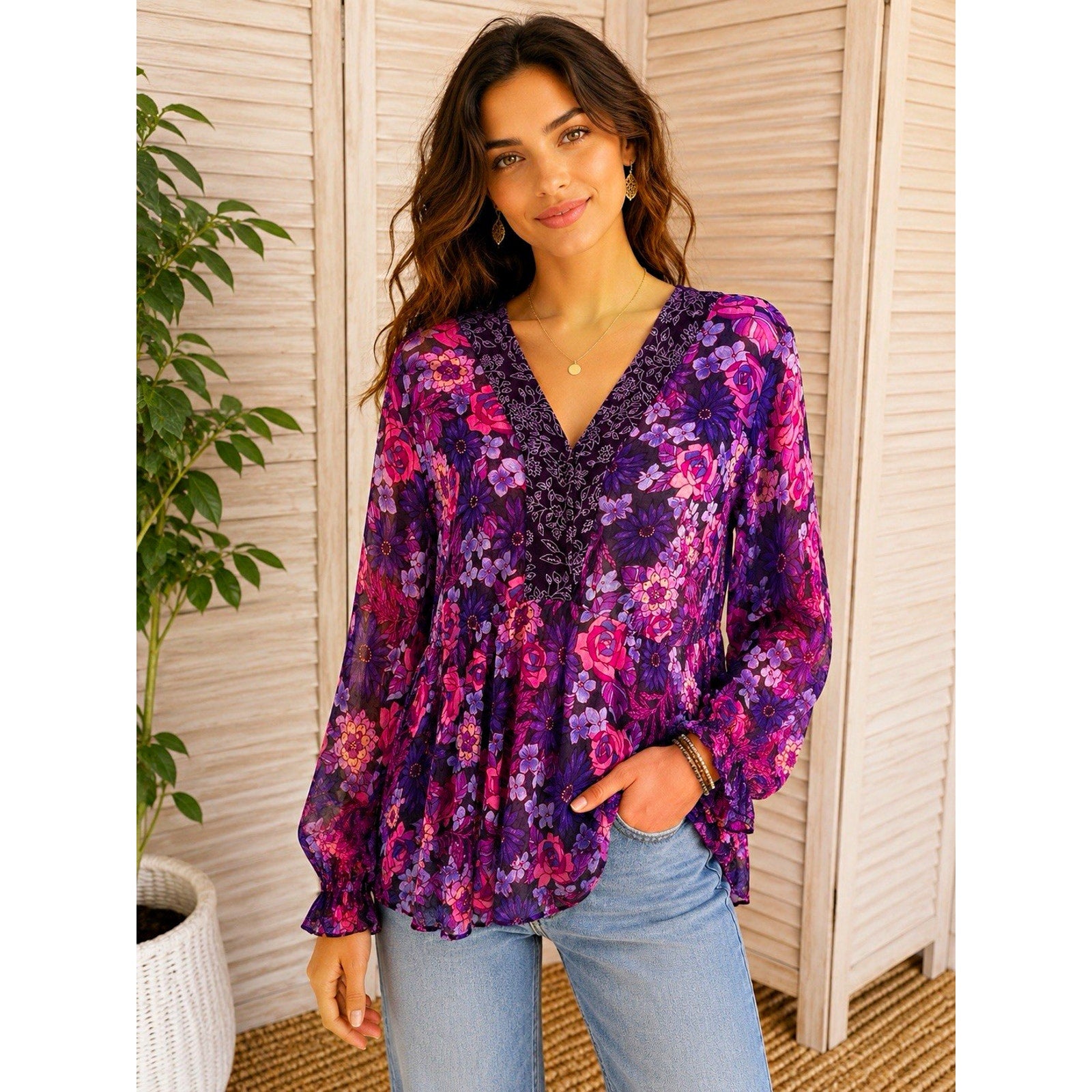 Millenium Purple Pink Floral Sheer Chiffon V-Neck 3/4 Sleeve Rayon Blouse
