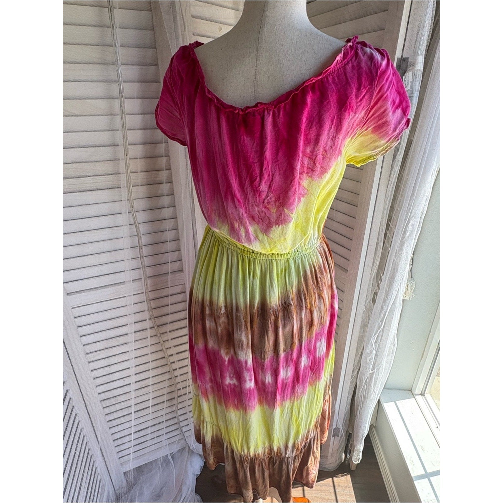 Women's Pink & Yellow Tie-Dye Smocked Waist Mini Dress