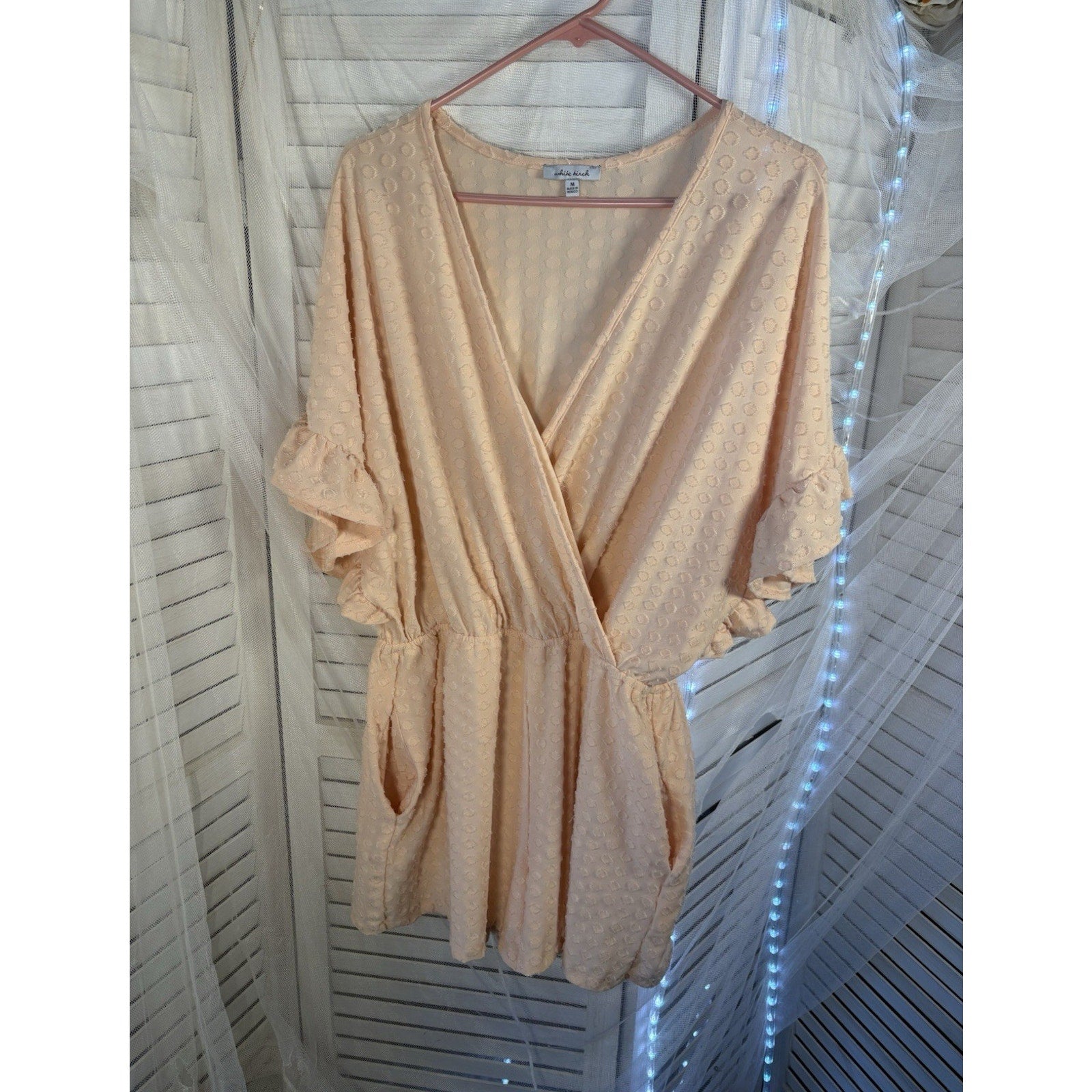 White Birch Beige Polka Dot V-Neck Romper Short Sleeve Ruffle Elastic Waist M