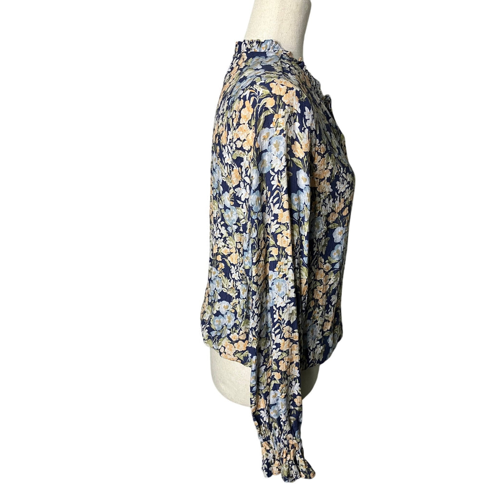 CeCe Women’s Medium Navy Floral Tie Neck Ruffle Long Sleeve Blouse