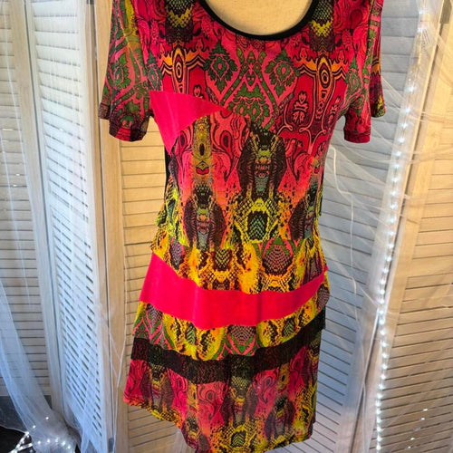 Calesssa black & pink dress with multicolored geometric and tribal print, size M