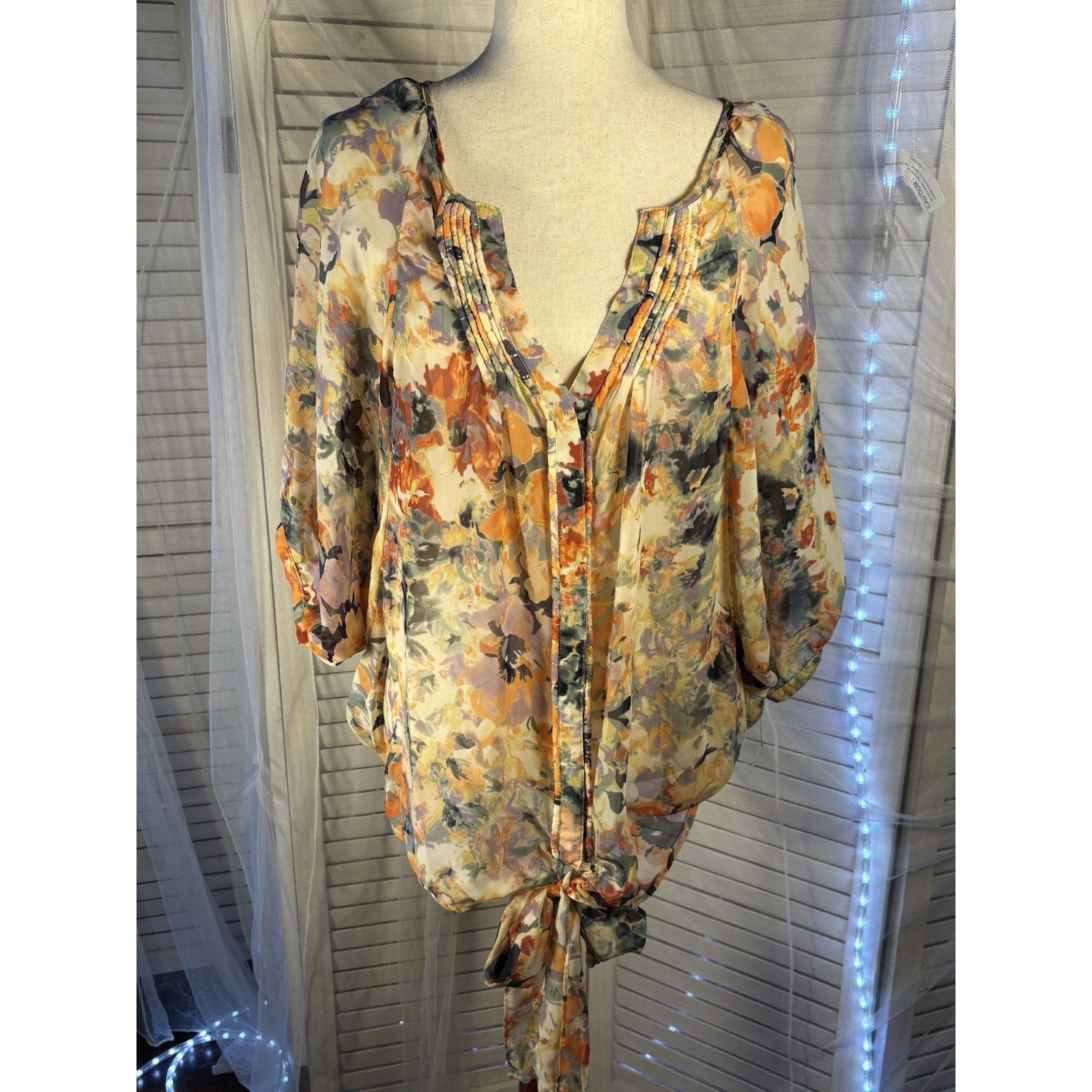 Buffalo Multicolor Floral Button Tie-Front Blouse V-Neck 3/4 Sleeve Chiffon XL