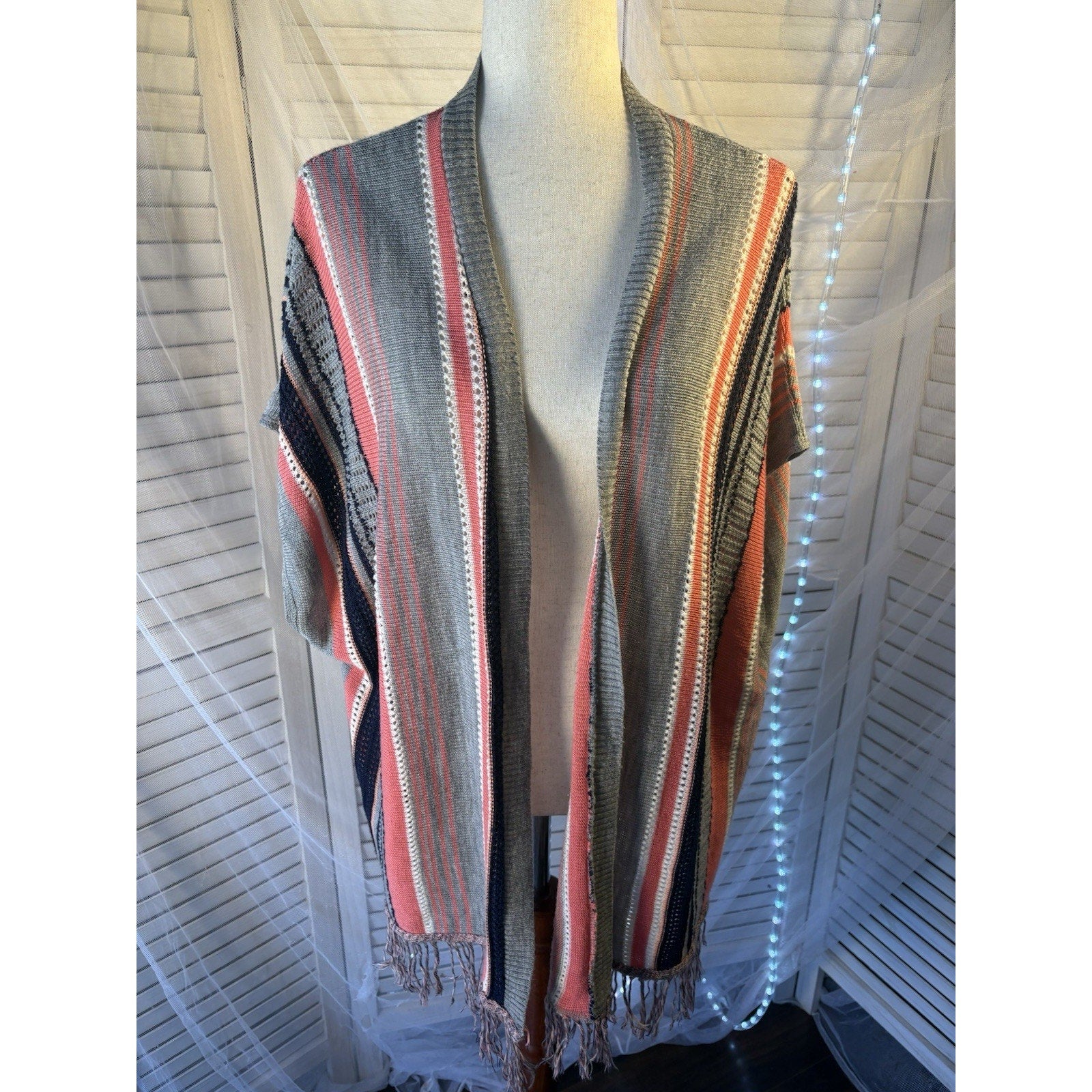 Say What? Multicolor Striped Open-Knit Open Front Fringe Cardigan Sweater 2X