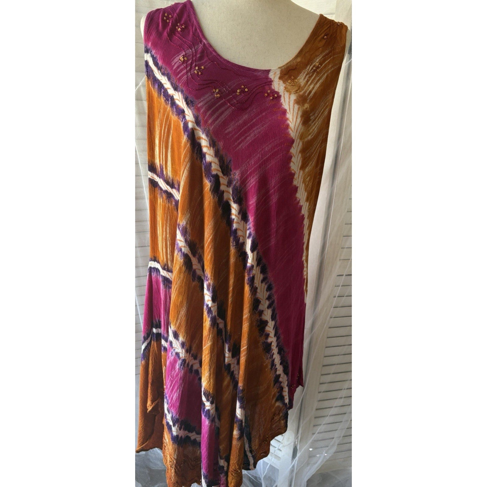 Just Creativity Tie Dye Beaded Sleeveless Kaftan Long Dress Multicolor Free Size