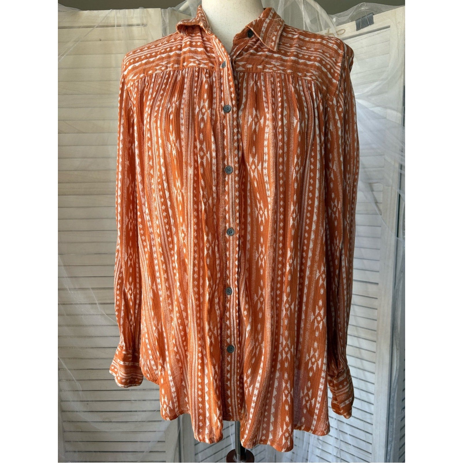 Vanilla Star Rust Orange Tribal-Print Button Front Blouse
